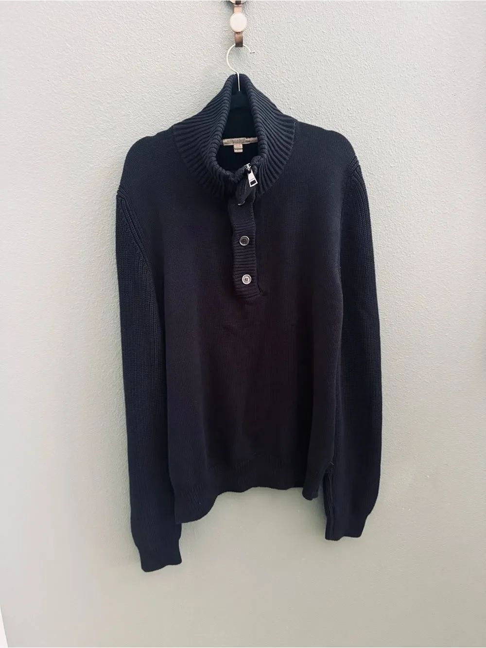 Men’s XL Burberry Brit Ribbed Sweater Black Long Sleeve 100% Cotton Quarter-Zip